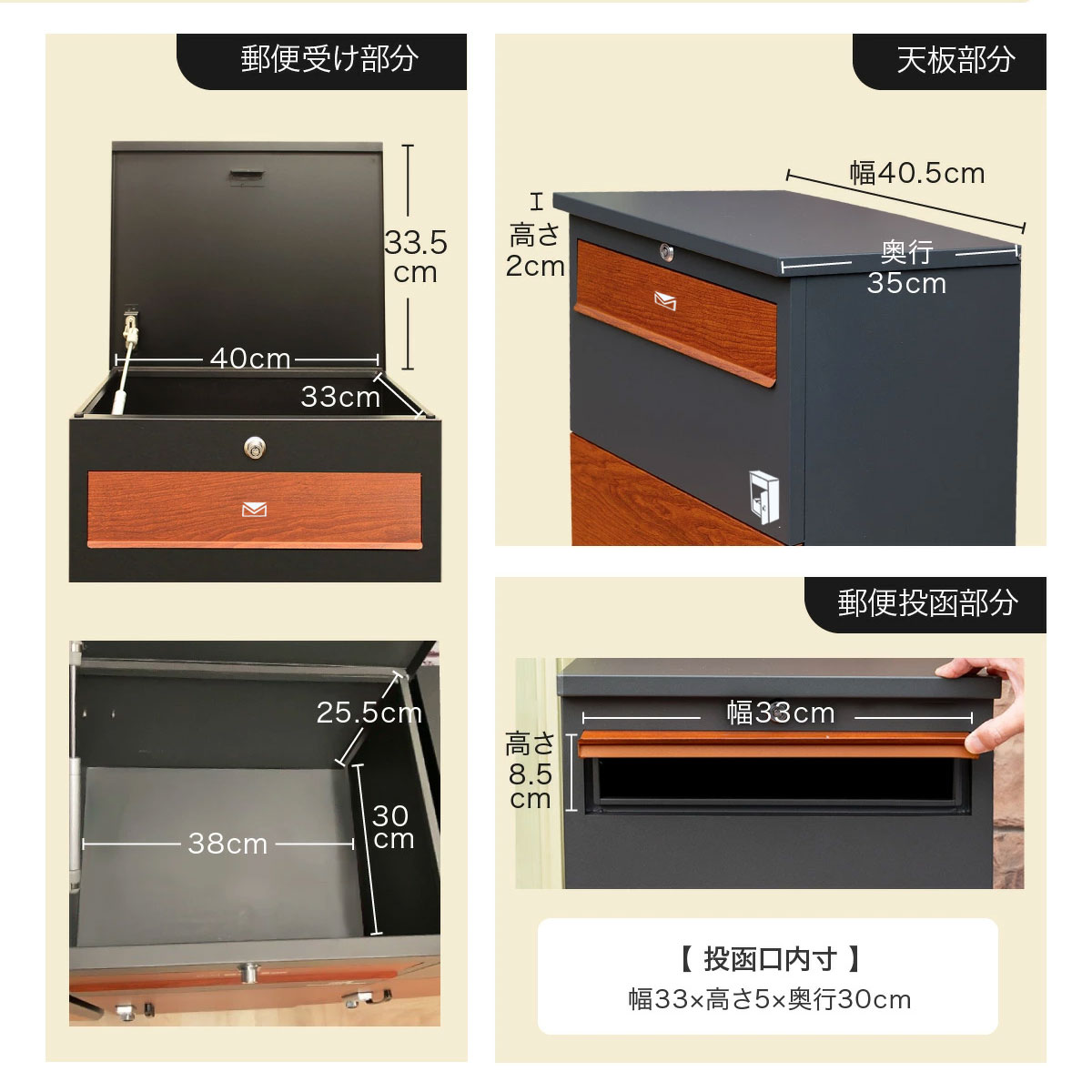 ポスト付き宅配ボックス ルスネコボックスPremiumのポスト部分のサイズ寸法