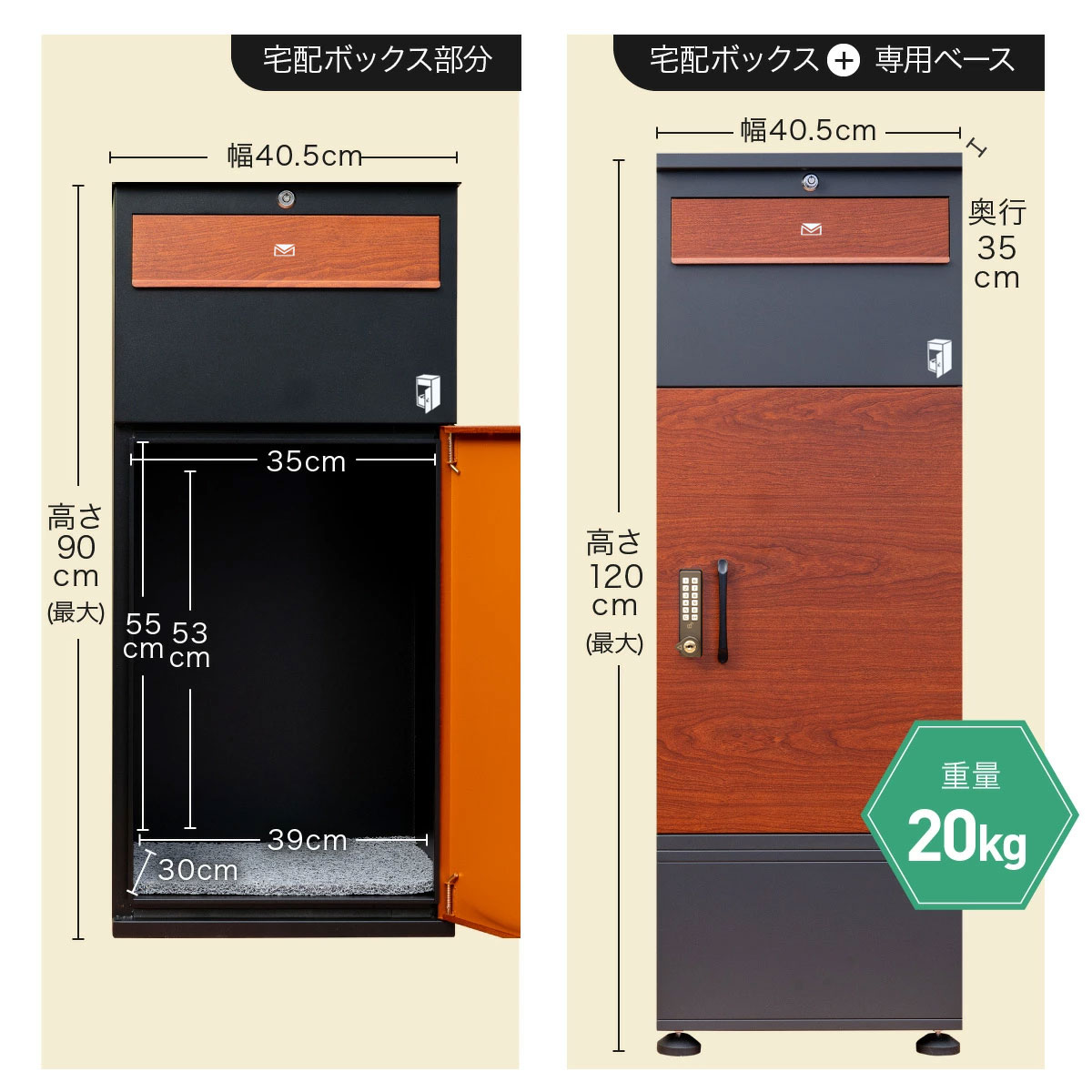 ポスト付き宅配ボックス ルスネコボックスPremium専用ベースセットとのサイズ比較