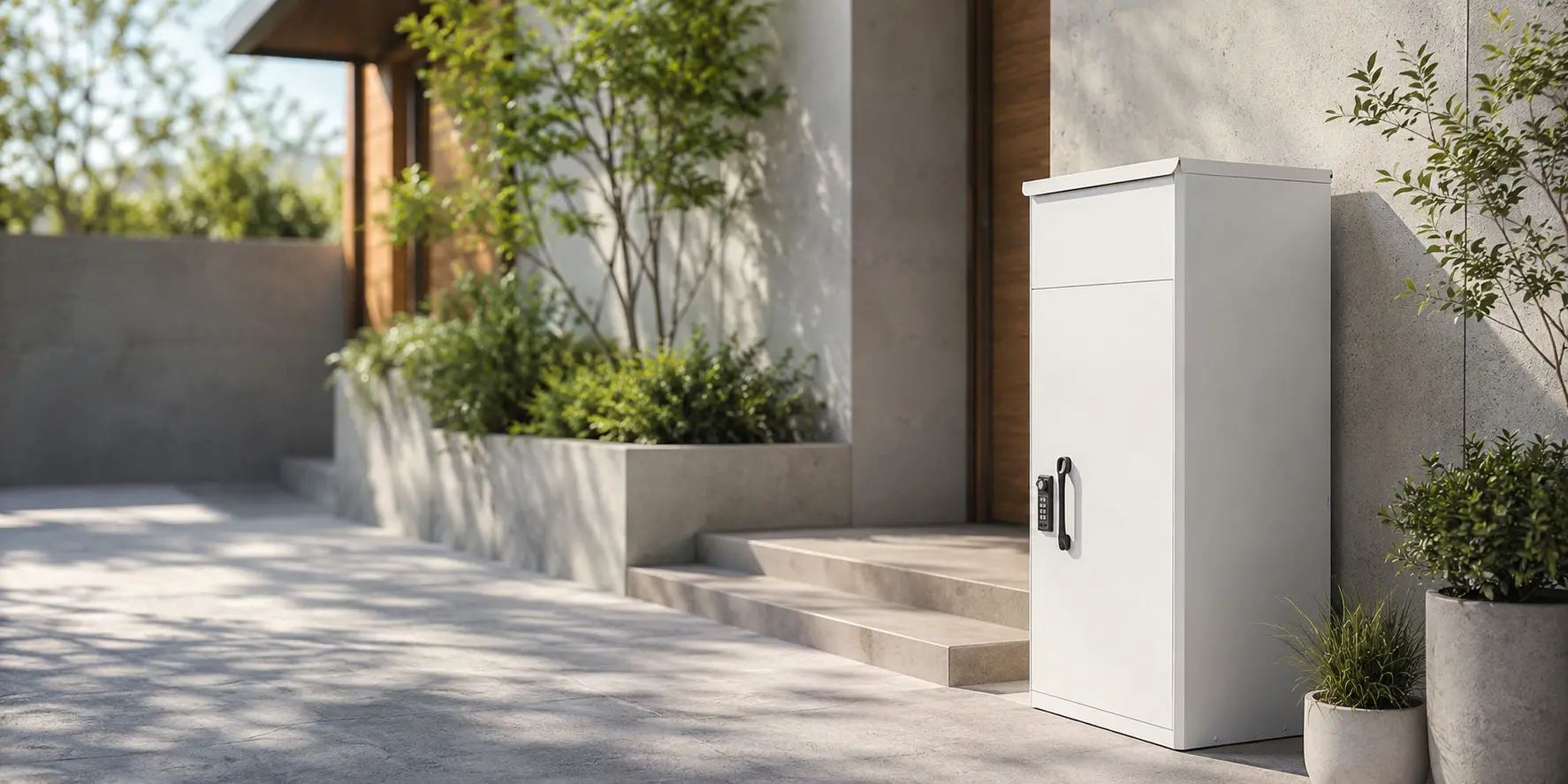 戸建て住宅の玄関に設置された白いルスネコボックス Standard