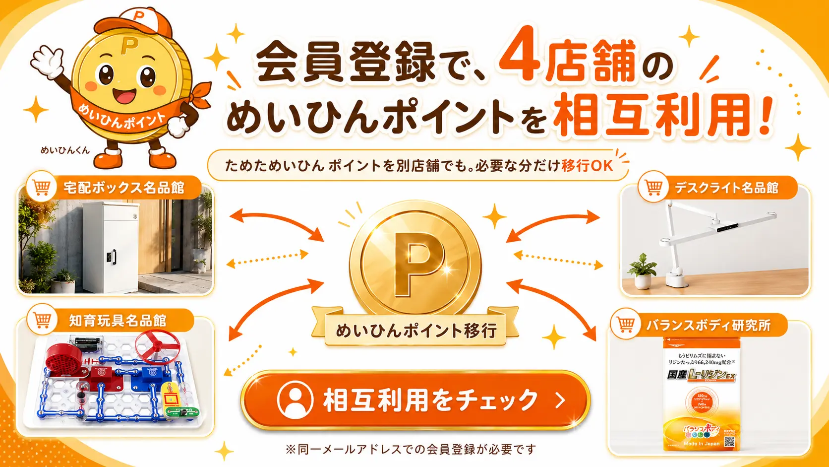 会員登録で4店舗のめいひんポイントを相互利用。ためたポイントを別店舗でも必要な分だけ移行できます。