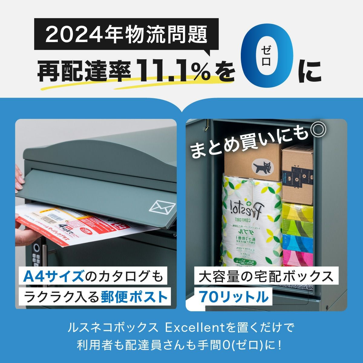 ポスト付き 大容量宅配ボックス ルスネコボックス Excellent｜120